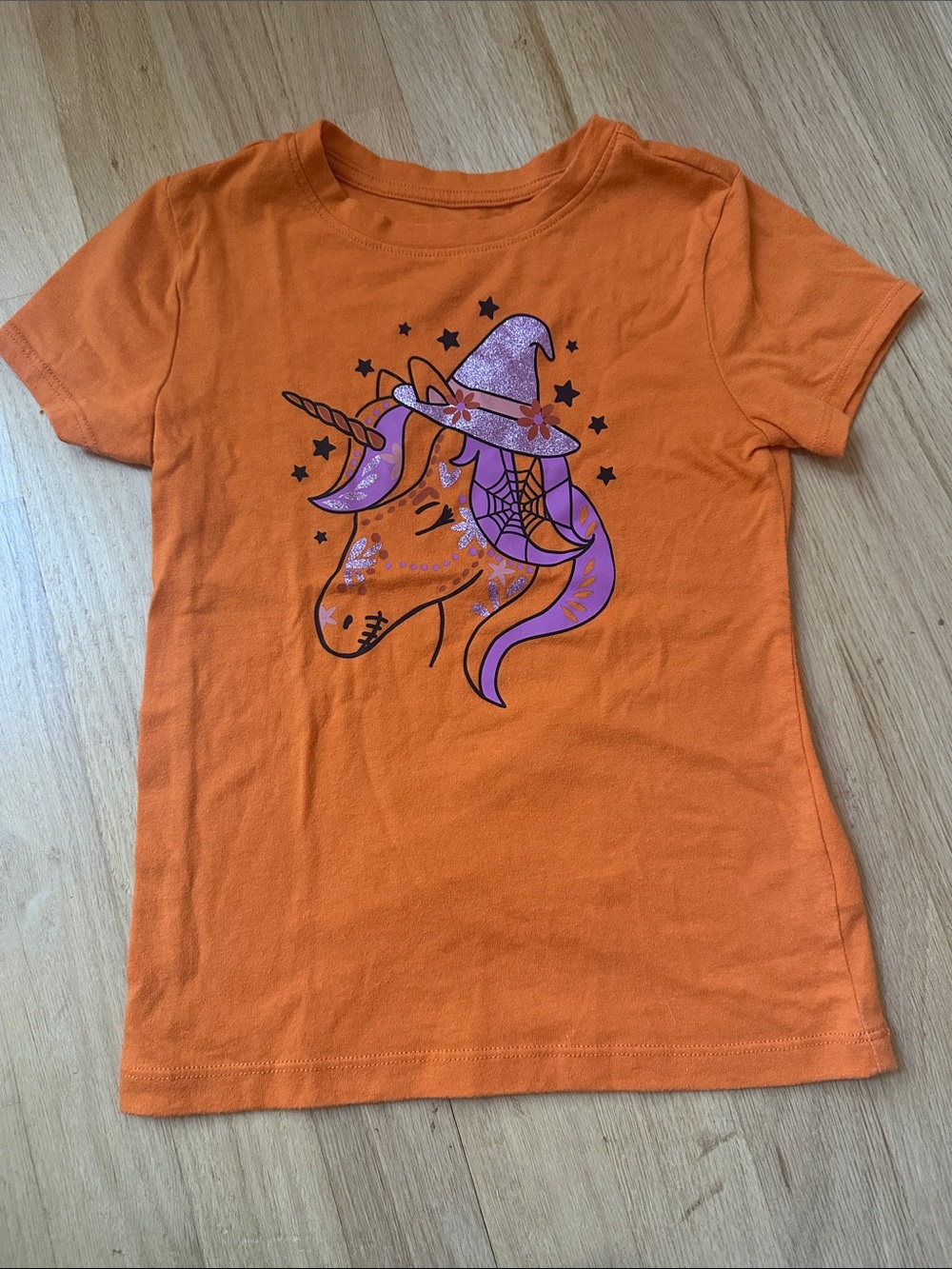wonder nation Orange Tee with Purple Unicorn Witch Graphic Sz s 6 Halloween